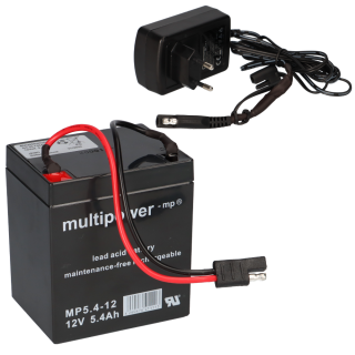 Multipower Blei Akku 12V 5,4Ah mit Stecker + Ladegerät für Rasenmäher Akkus